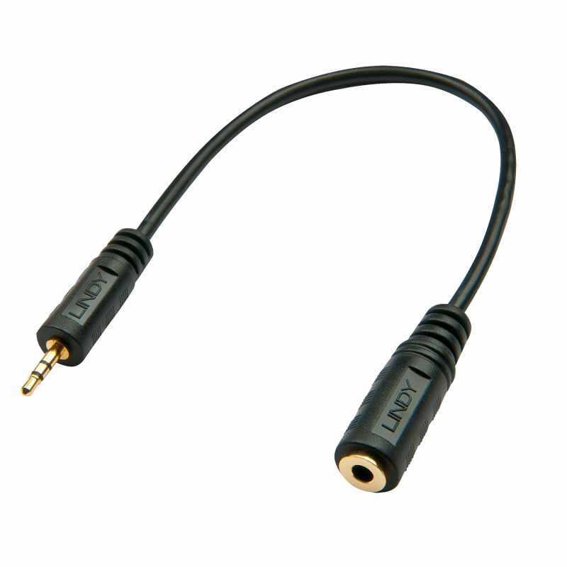 LINDY 35698 : Câble audio Premium jack 25mm mâle vers jack 35mm femelle 20cm