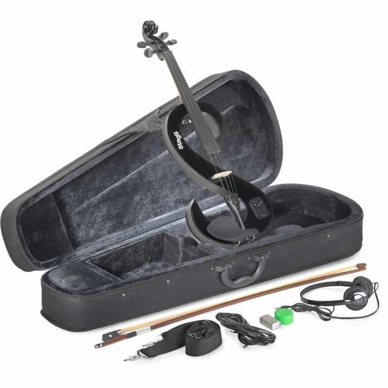 STAGG EVN 4/4 BK 4/4 electric violin set with S-shaped black electric violin, soft case and headphones