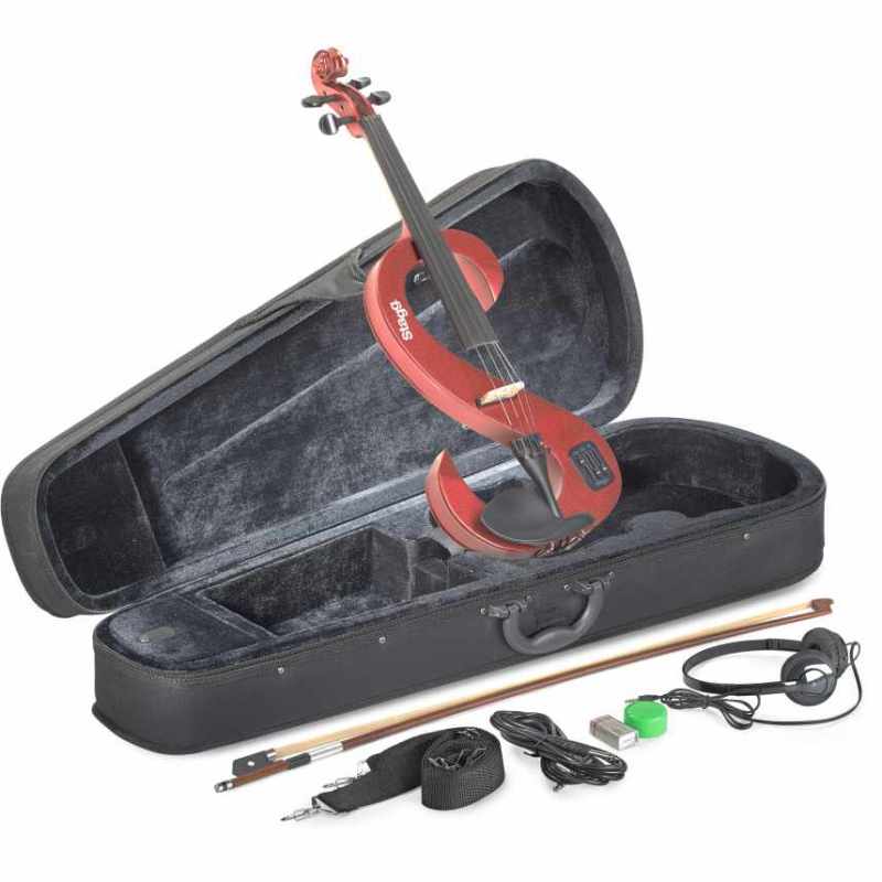 STAGG EVN 4/4 MRD 4/4 electric violin set with S-shaped metallic red electric violin, soft case and headphones