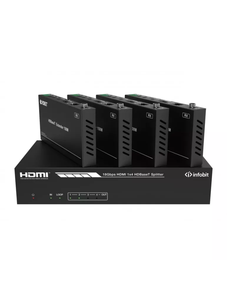 INFOBIT ISWITCH104H150 Kit Splitter1x4 HDMI iSwitch 104H150 with audio   4x HDBT receivers INFOBIT INFISWITCH104H150 | MusicGo