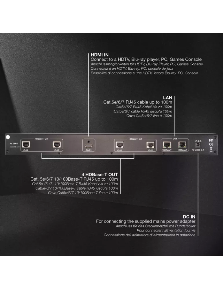 LINDY 38116 : Splitter & émetteur C6 HDBaseT HDMI & IR 4 ports 100m