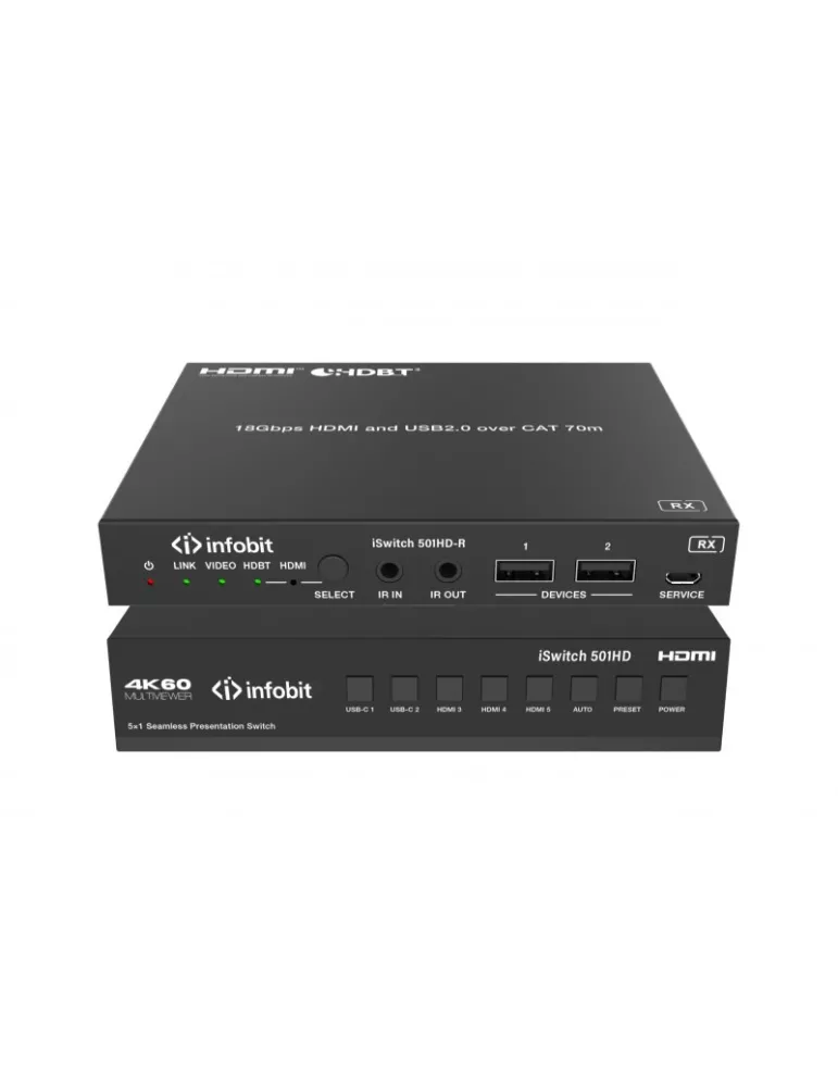 INFOBIT iSWITCH501HD Presentation switcher - iSwitch 501HD 4K60 5x1 HDMI USB-C to HDMI   HDBT Outputs   Audio DANTE INFOBIT IN