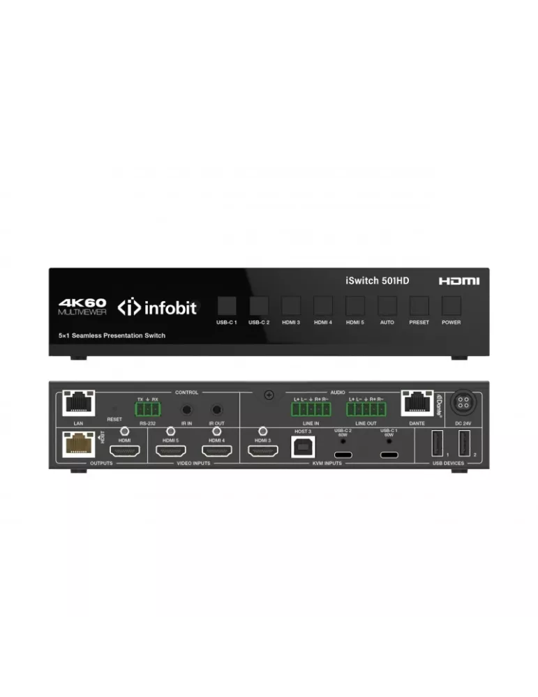 INFOBIT iSWITCH501HD Conmutador para presentaciones - iSwitch 501HD 4K60 5x1 Salidas HDMI USB-C a HDMI   HDBT   Audio DANTE IN