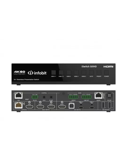 INFOBIT iSWITCH501HD Switcher de presentation  - iSwitch 501HD 4K60 5x1 HDMI/USB-C vers Sorties HDMI + HDBT + Audio DANTE