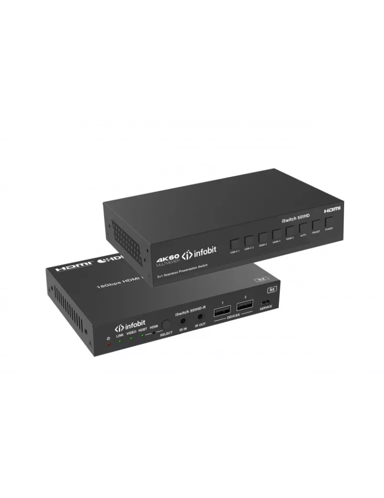 INFOBIT iSWITCH501HD Switcher de presentation  - iSwitch 501HD 4K60 5x1 HDMI/USB-C vers Sorties HDMI + HDBT + Audio DANTE