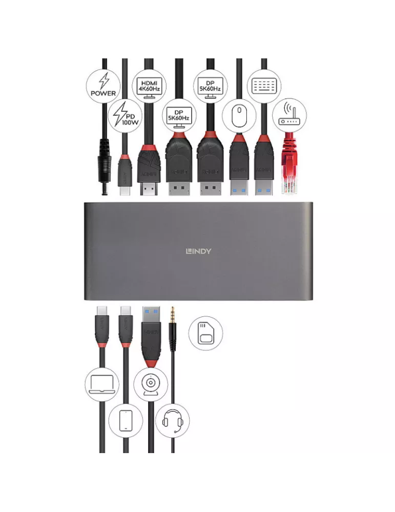LINDY 43349 Lindy DST-Pro 5K XT Docking Station USB-C for Laptop with three screens (4K) or one screen (5K)   Power Delivery 1
