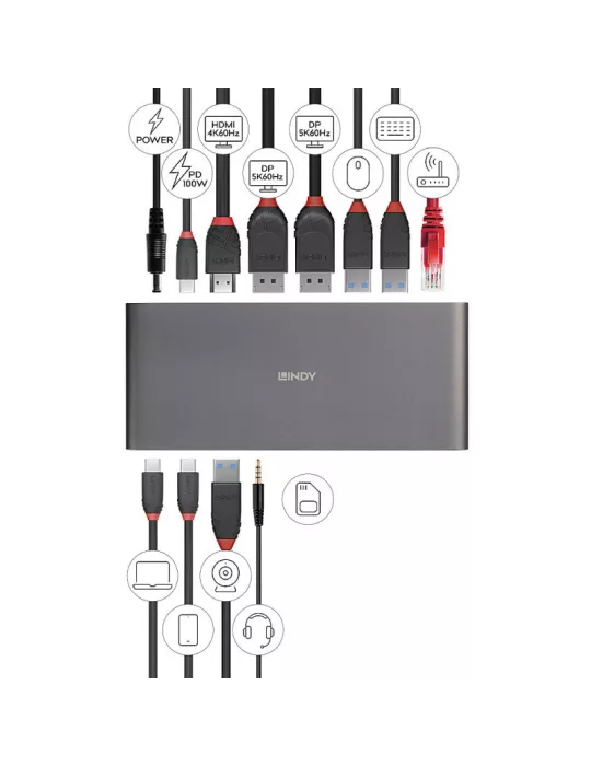 LINDY 43349 Estación de acoplamiento Lindy DST-Pro 5K XT USB-C para portátil con tres pantallas (4K) o una pantalla (5K) y Pow