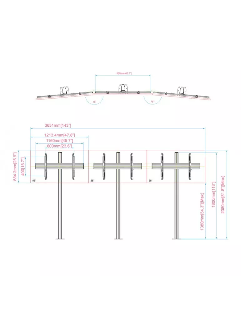 MULTIBRACKETS 4622 Support sol a fixer pour mur vidéo Multibrackets Video Wall Floormount MBFMC3x1U-3 écrans 32-65" VESA Max 60