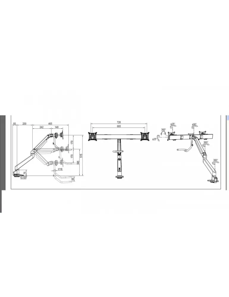 MULTIBRACKETS 6355 Support de table articulé Multibrackets Gas Lift Arm w. Duo Crossbar - 2 écrans de 15"- 28" VESA Max 100x100