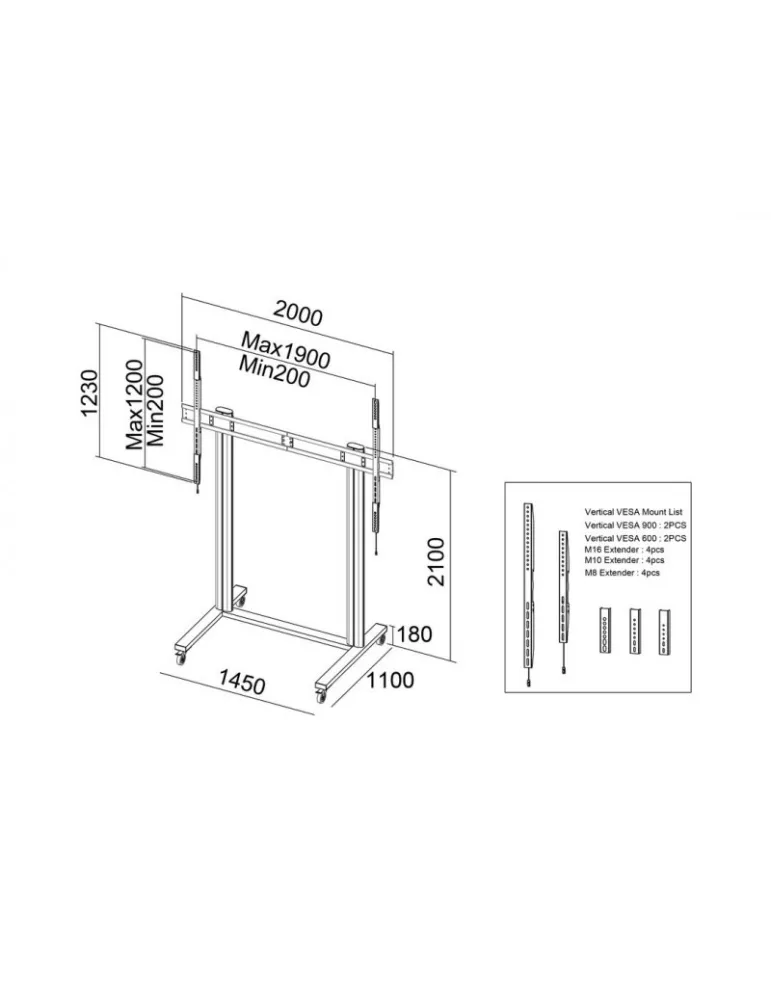 MULTIBRACKETS 3439 Soporte móvil Multibrackets Display Stand 210 Dual Pillar Wheelbase - pantalla 70 -110  VESA Max 1700x1200