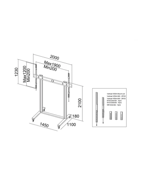 MULTIBRACKETS 3439 Mobiler Ständer Multibrackets Display Stand 210 Dual Pillar Wheelbase - 70 -110 -Bildschirm VESA Max 1700x1