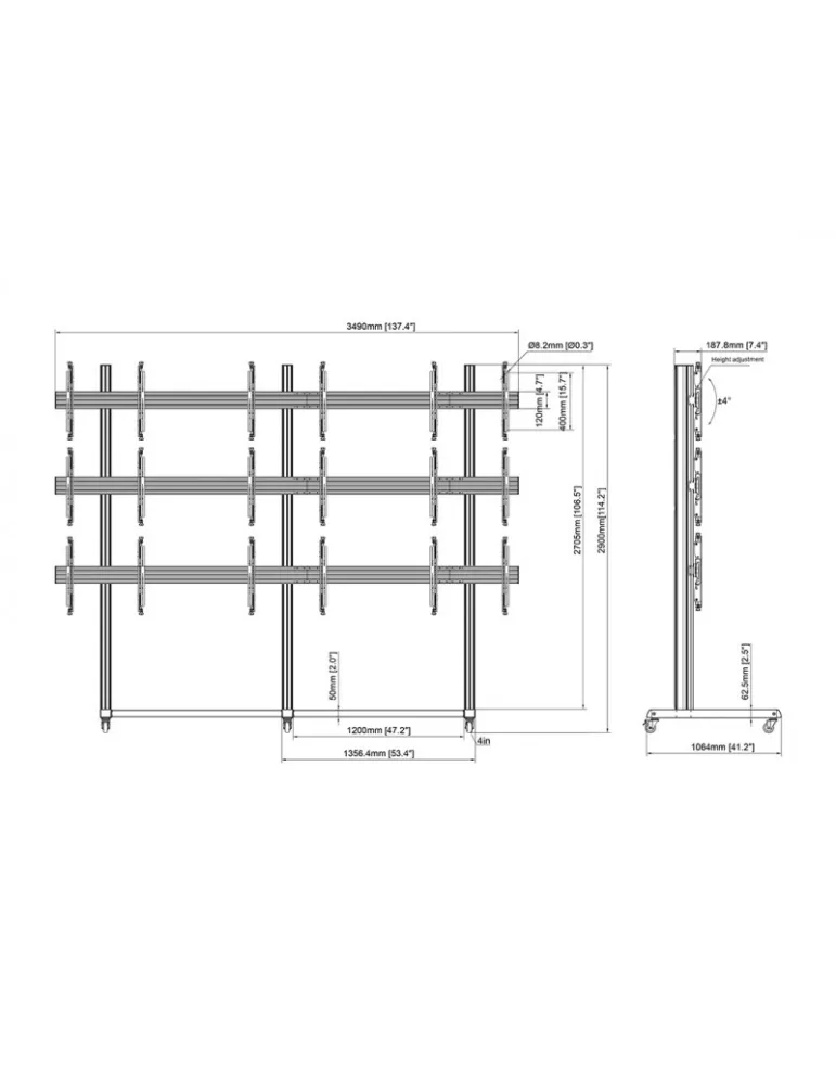 MULTIBRACKETS 3373 Mobile Video Wall Stand Multibrackets Pro Series Video Wall Stand 3x3 - 9 screens 43  - 65  VESA Max 600x40