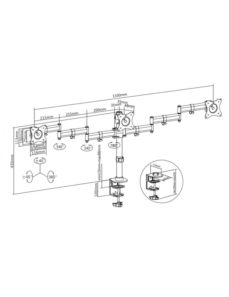 MULTIBRACKETS 3385 Support de table rotatif Multibrackets Deskmount Basic Triple - 3 écrans 15" - 27" VESA Max 100x100
