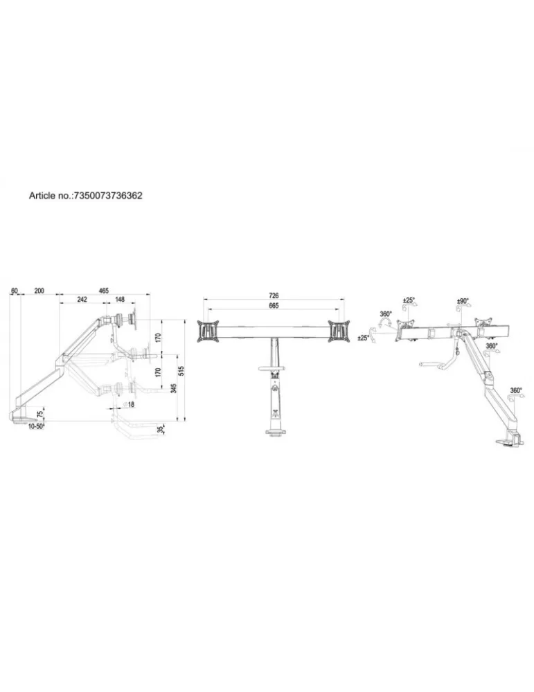 MULTIBRACKETS 6362 Support de table articulé Multibrackets Gas Lift Arm w. Duo Crossbar - 2 écrans de 15"- 28" VESA Max 100x100