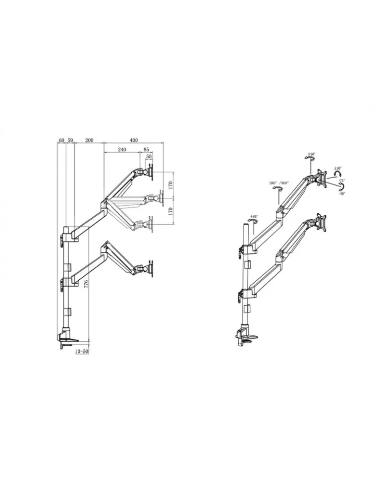 MULTIBRACKETS 4288 Support de table Multibrackets Gas Lift Arm Basic Dual Stacked Pole - 2 écranS de 15"-34" VESA Max 100x100