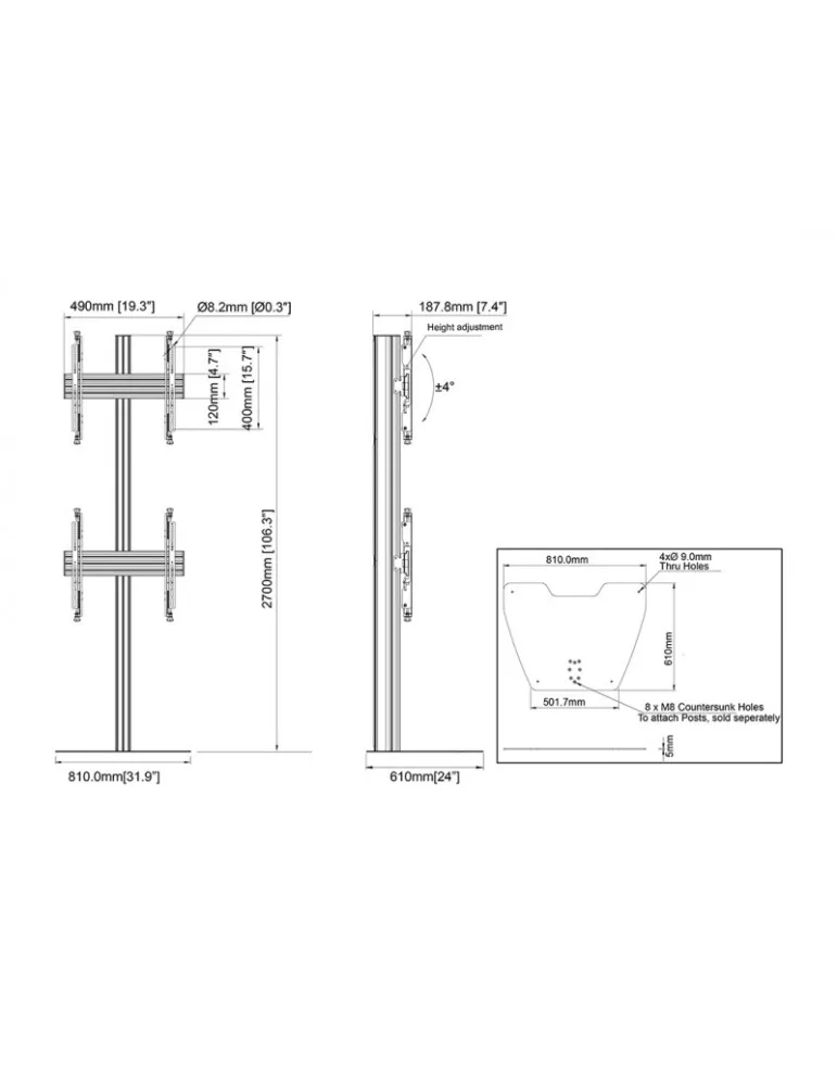 MULTIBRACKETS 5612 Support sol a fixer Multibrackets Floorstand Column Pro MBFSC2U 270 Noir - 2 écrans 40"-65" VESA Max 400x400