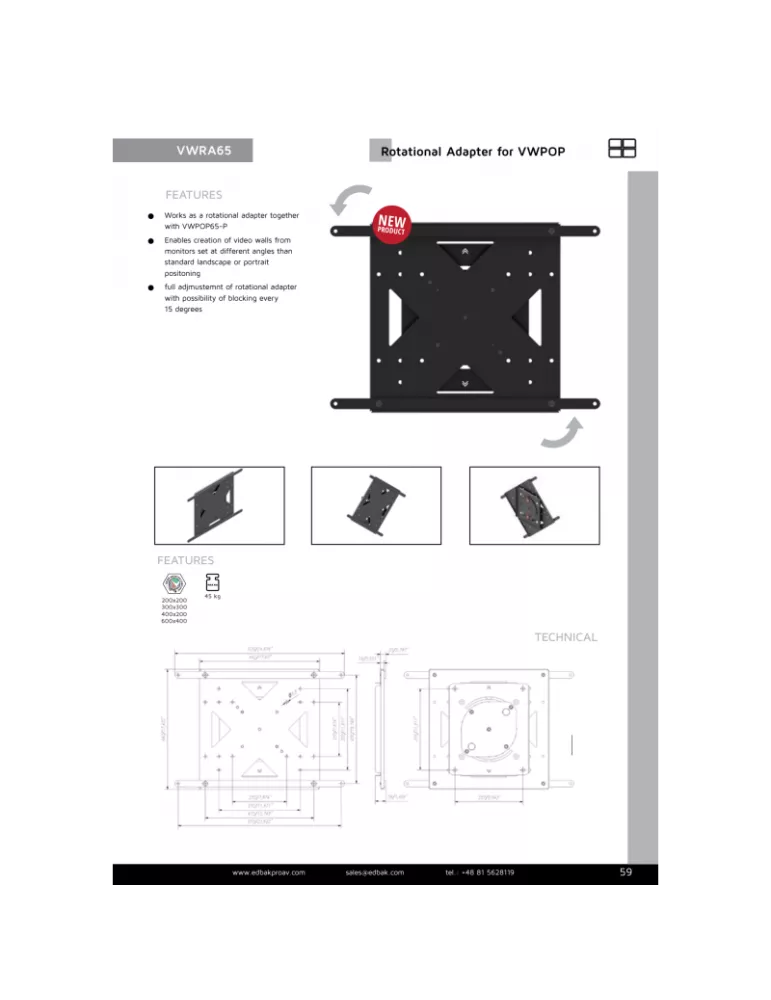 EDBAK VWRA65 Adaptateur Rotatif pour Support Videowall