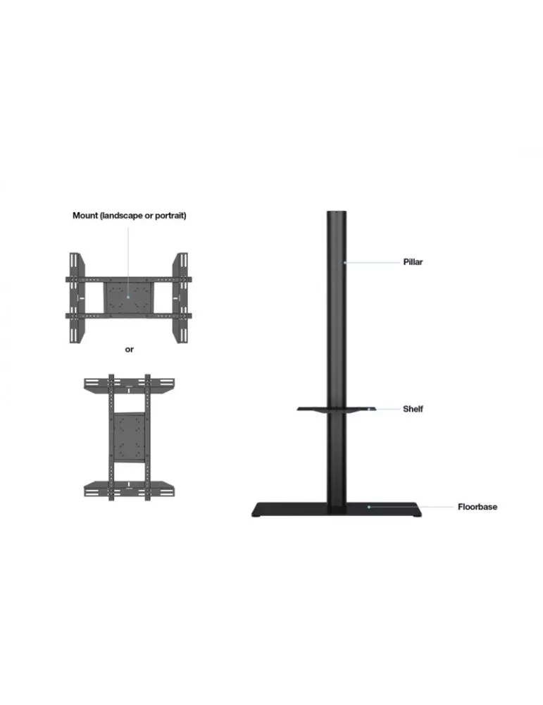 MULTIBRACKETS 6862 Floor stand   shelf included Multibrackets Display Stand 180 Single Black w Floorbase Shelf - screen 24 -65