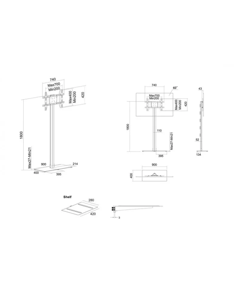 MULTIBRACKETS 6862 Floor stand   shelf included Multibrackets Display Stand 180 Single Black w Floorbase Shelf - screen 24 -65