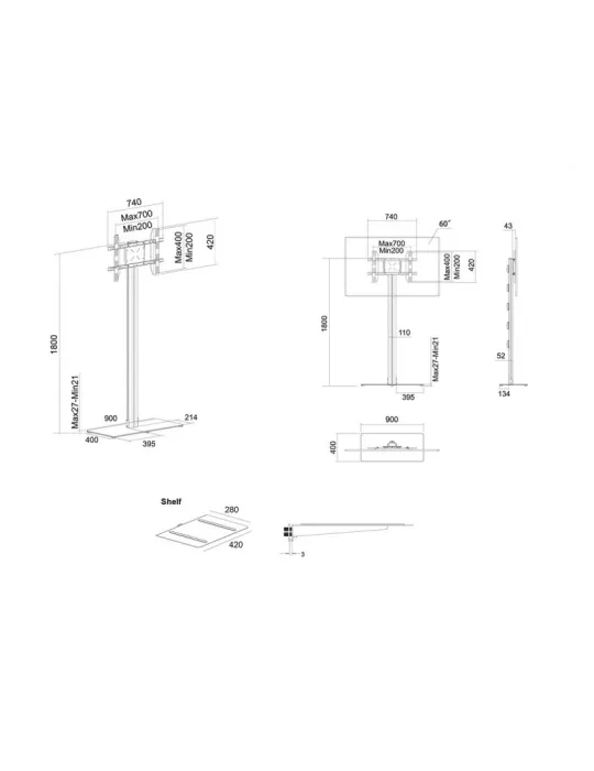 MULTIBRACKETS 6862 Bodenständer   Regal inkl. Multibrackets Display Stand 180 Single Black w Floorbase Shelf - Bildschirm 24 -