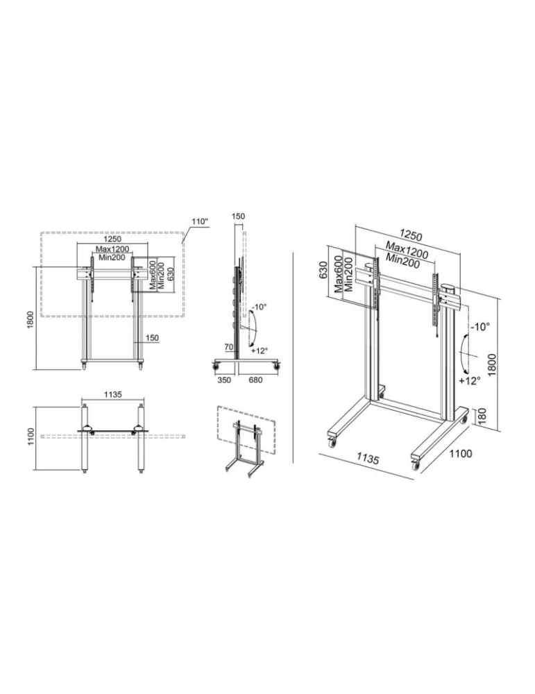 MULTIBRACKETS 2722 Support mobile Multibrackets Display Stand 180 Dual Pillar Wheelbase Silver - écran 70 -110  VESA Max 800x6