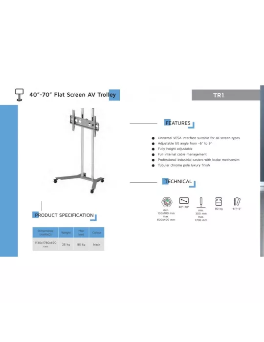 EDBAK TR1 Support à roulettes  C-B ecran plat VESA 600x400 charge 80 kg Hmax 170cm