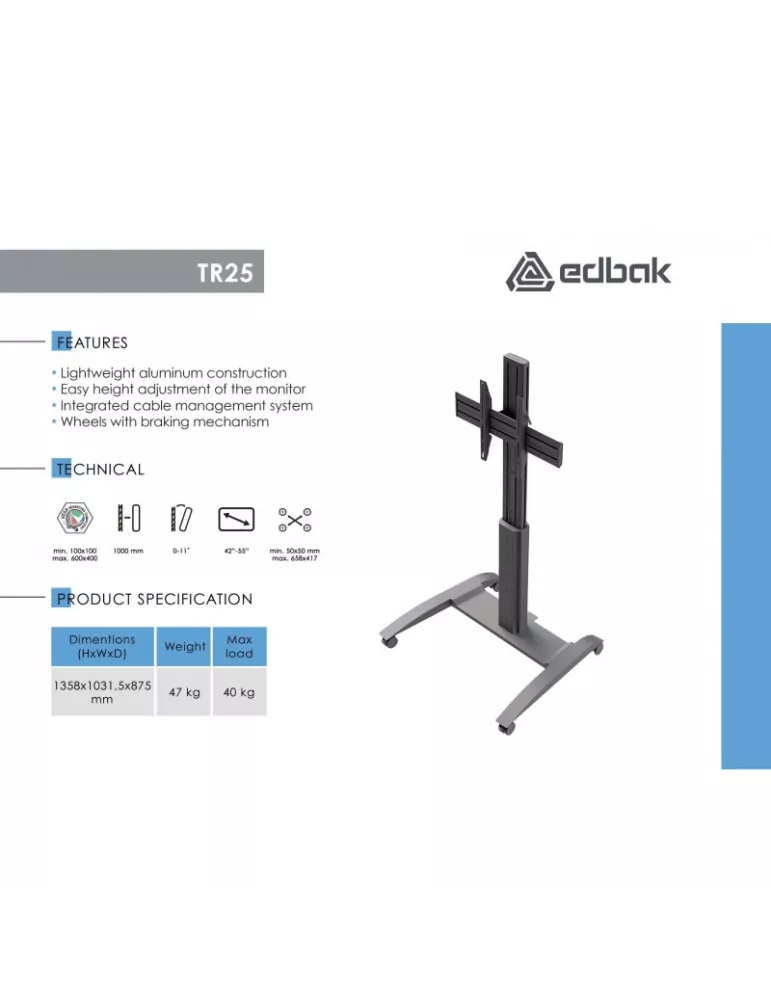 Carro EDBAK TR25 con ajuste de altura para pantallas de 42 -55 EDBAK EDBTR25 | MusicGoodDeal