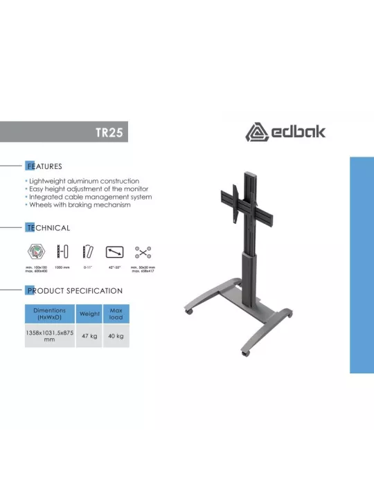 EDBAK TR25 Wagen mit Höhenverstellung für Bildschirme 42 -55  -. EDBAK EDBTR25 | MusicGoodDeal