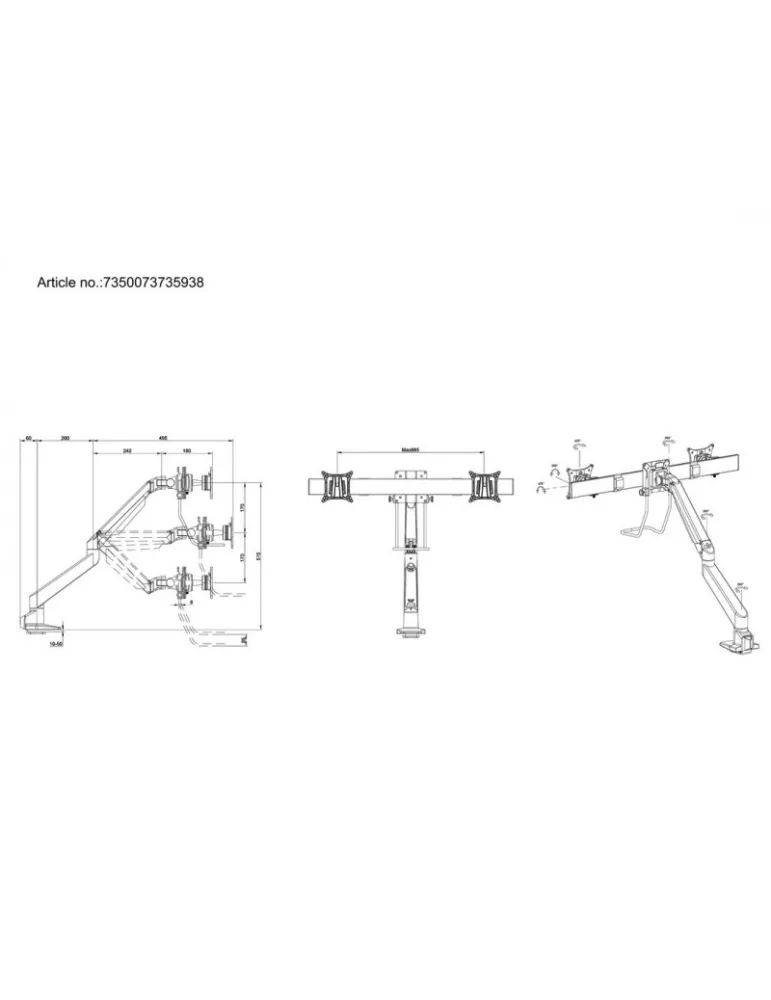 MULTIBRACKETS 5938 Support de table articulé Multibrackets Gas Lift Arm Single w. Duo Crossbar - 2 écrans de 15"- 28" VESA Max 