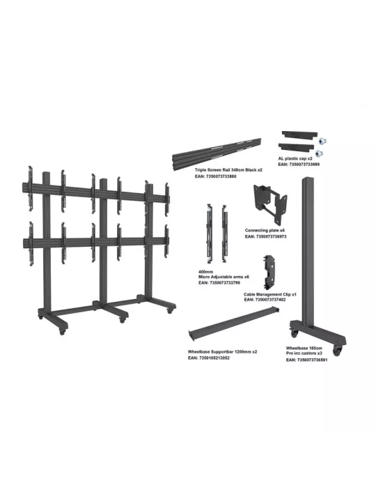 MULTIBRACKETS 3366 Mobile Video Wall Stand Multibrackets Pro Series Video Wall Stand 3x2- 6 screens 43  - 65  VESA Max 600x400