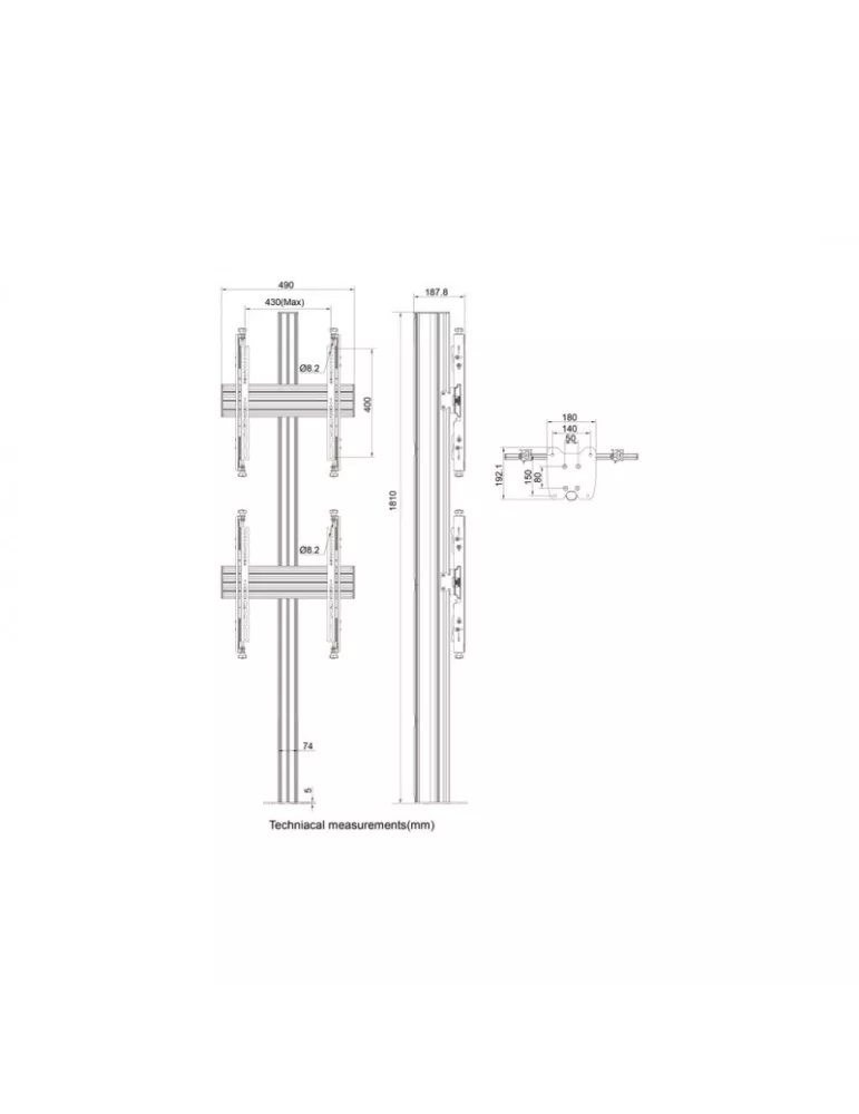 MULTIBRACKETS 0310 Support sol a fixer ajustable Multibrackets MBFC2U 180 Floormount Column Pro - 2 écrans 32"-65" VESA Max 400