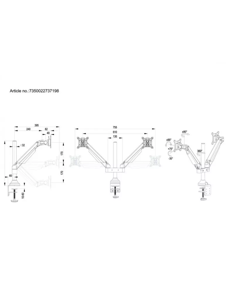 MULTIBRACKETS 7198 Articulated table support Multibrackets M VESA Gas Lift Arm Dual - 2 screens from 15 - 32  VESA Max 100x100