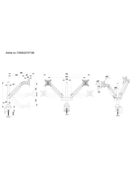 MULTIBRACKETS 7198 Support de table articulé Multibrackets M VESA Gas Lift Arm Dual - 2 écranS de 15"- 32" VESA Max 100x100
