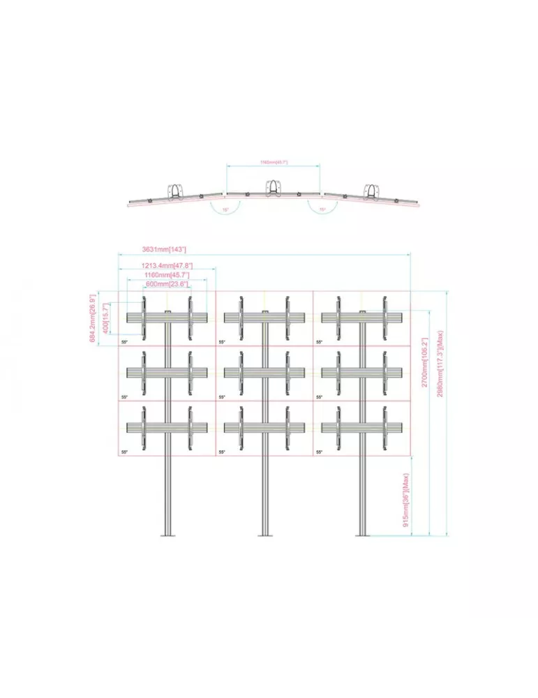 MULTIBRACKETS 4646 Floor mount for video wall Multibrackets Video Wall Floormount MBFMC3x2U- 9 screens 32-65  VESA Max 600x400