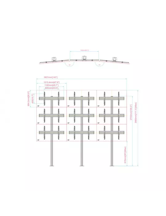 MULTIBRACKETS 4646 Support sol a fixer pour mur vidéo Multibrackets Video Wall Floormount MBFMC3x2U- 9 écrans 32-65" VESA Max 6