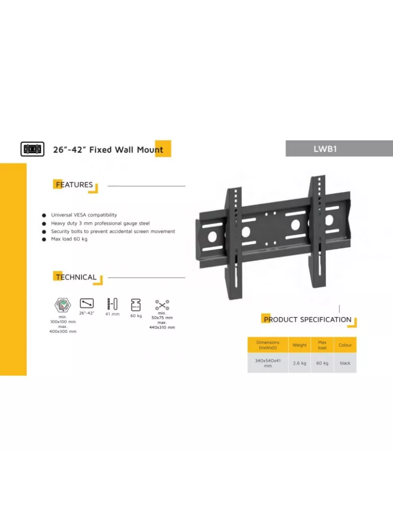 EDBAK LWB1 Support mural fixe   VESA 400x300 et 60 kg max
