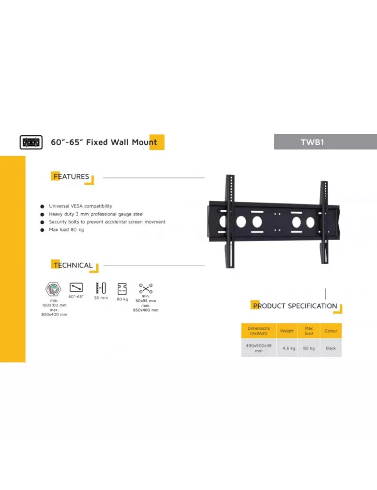 EDBAK TWB1CB Support mural fixe  TWB1C-B VESA 800x400 80kg max Noir