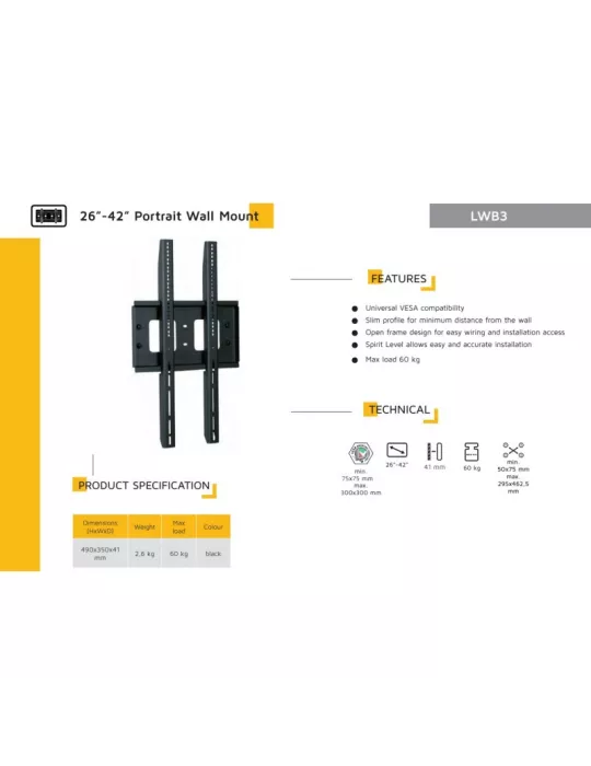 EDBAK LWB3 VESA 400x300 portrait fixed screen wall mount EDBAK EDBLWB3 | MusicGoodDeal