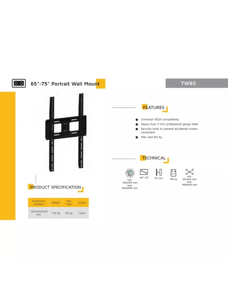 EDBAK TWB3CB Support mural portrait  TWB3C-B VESA 800x400 80kg max Black