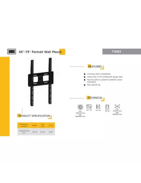 EDBAK TWB3CB Soporte de pared vertical TWB3C-B VESA 800x400 80kg máx Negro EDBAK EDBTWB3CB | MusicGoodDeal
