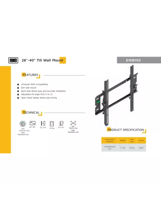 EDBAK EWB150 Tilting wall bracket VESA 400x400 and max 30 kg EDBAK EDBEWB150 | MusicGoodDeal