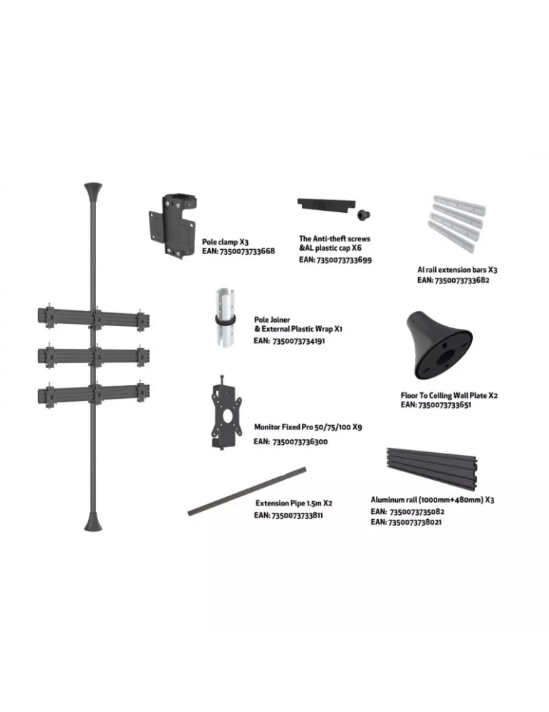 MULTIBRACKETS 2024 Support sol plafond Multibrackets Floor to Ceiling Mount Pro MBFC3X3U-F100 - 9 écrans 15"-32C" VESA Max 100x