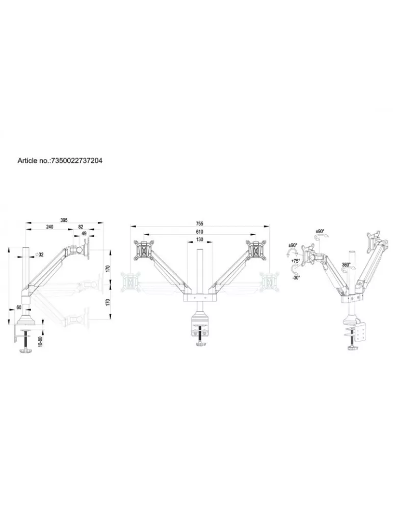 MULTIBRACKETS 7204 Support de table articulé Multibrackets M VESA Gas Lift Arm Dual - 2 écrans de 15"- 32" VESA Max 100x100