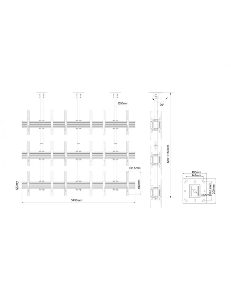 MULTIBRACKETS 3613 Deckenhalterung Multibrackets MBC3X3U2 Ceiling Mount Pro - 18 Bildschirme 40 -65  VESA Max 600x400 MULTIBRA
