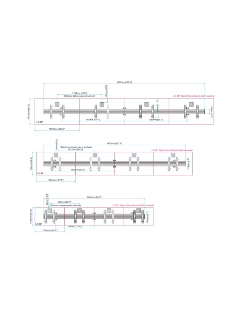 MULTIBRACKETS 6046 Multibrackets Menu Board Wall Mount Pro MBW4X1U - 4 screens 32 -50  VESA Max 300x300 MULTIBRACKETS MUL6046