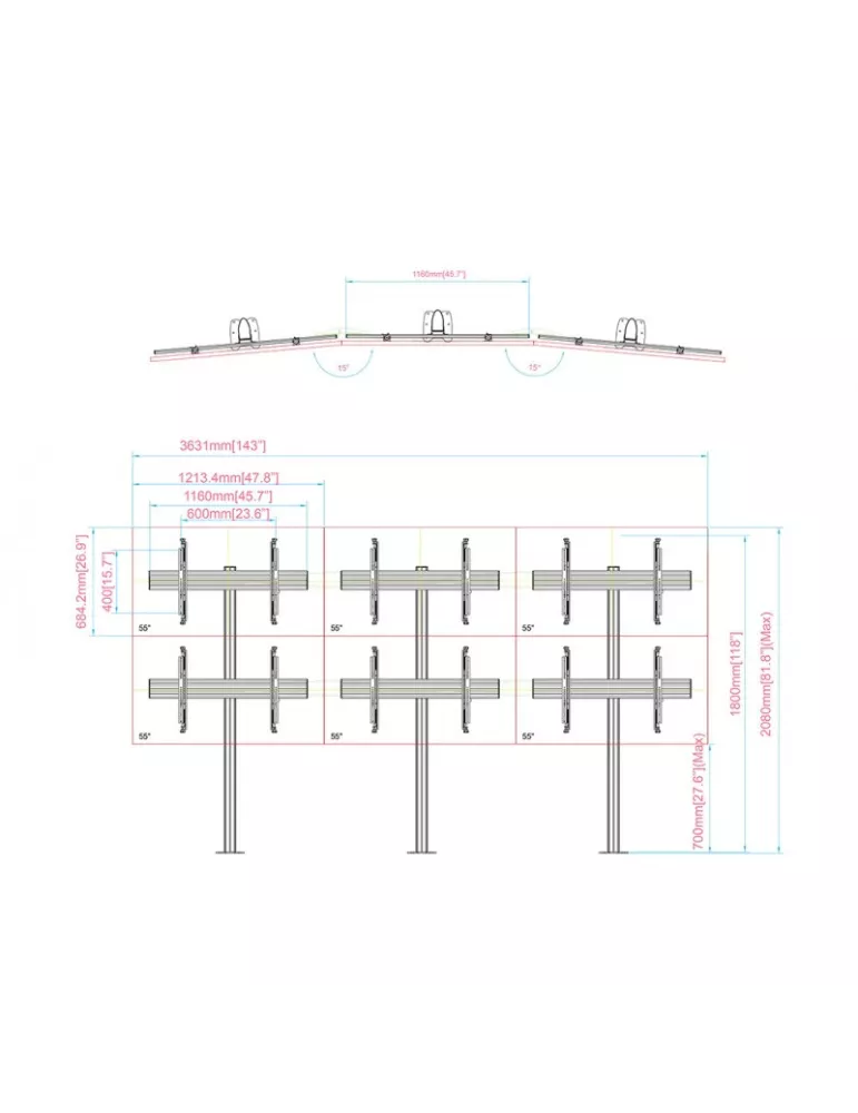 MULTIBRACKETS 4639 Support sol a fixer pour mur vidéo Multibrackets Video Wall Floormount MBFMC3x2U - 6 écrans 32-65" VESA Max 