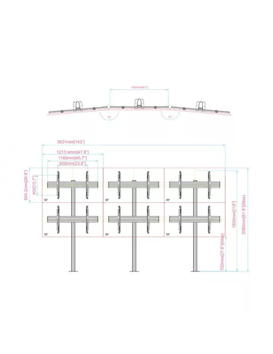 MULTIBRACKETS 4639 Support sol a fixer pour mur vidéo Multibrackets Video Wall Floormount MBFMC3x2U - 6 écrans 32-65" VESA Max 