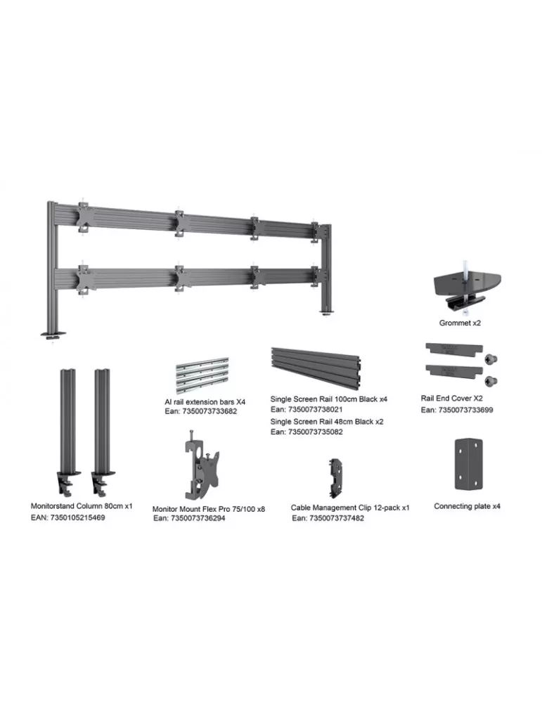 MULTIBRACKETS 5964 Support de table Multibrackets Deskmount Colonne Pro 4x2 MBDM4x2U - 8 écrans 32" VESA Max 100x100