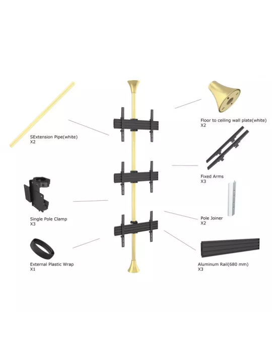 MULTIBRACKETS 5761 Boden-Decken-Halterung MultibracketsFloor to Ceiling Mount Pro MBFC3U Messing - 3 Bildschirme 40 -65  VESA