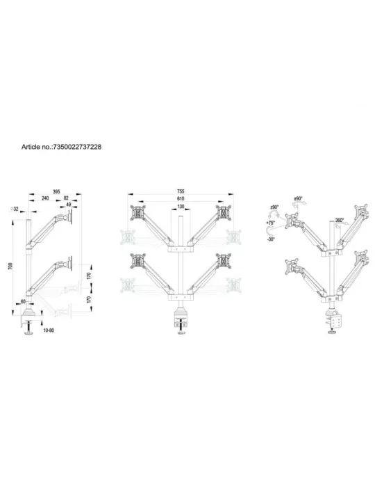 MULTIBRACKETS 7228 Support de table quadruple Multibrackets Gas Lift Arm Quad pour écran 15"- 32" Charge 10Kg Vesa Max 100x100
